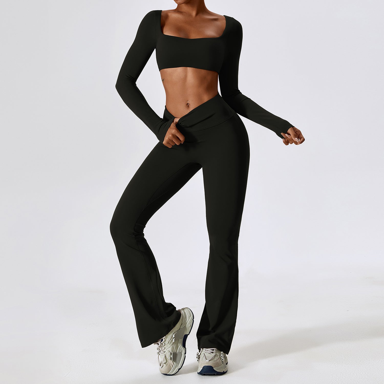 Laila Solid Quick Dry Square Neck Cropped Active Top & Pants Set